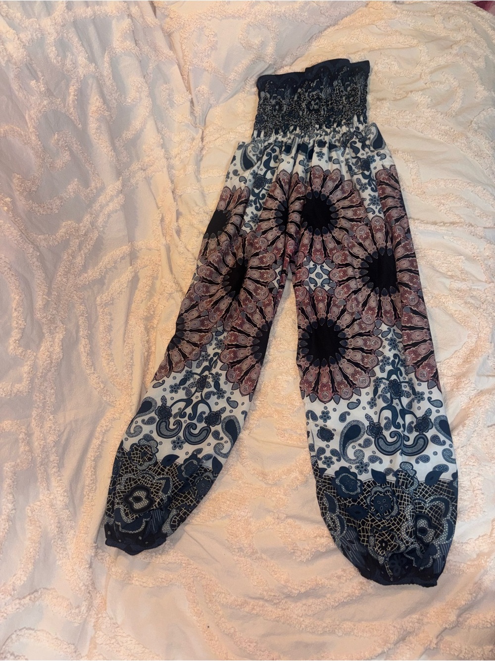Boho Wide-Leg Smocked Waist Pants in Navy, White & Pink